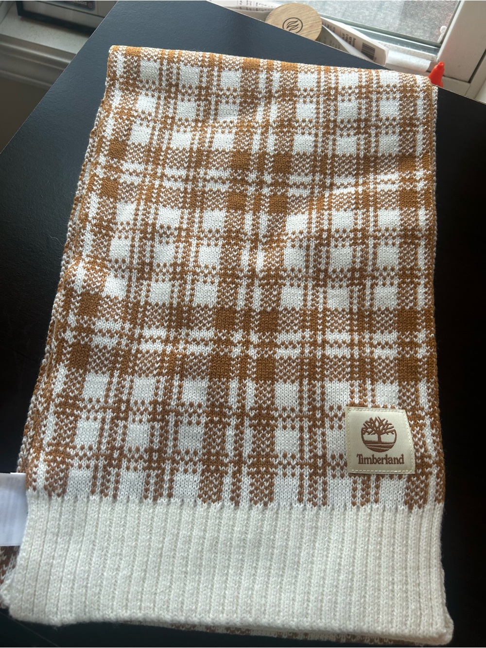 Timberland Cream & Brown Plaid Knit Scarf